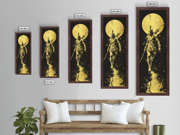 Spartan Warrior Under Full Moon, Metallic Gold Metal Print, Ancient Greek Soldier Wall Art, Real Wood Frame Decor