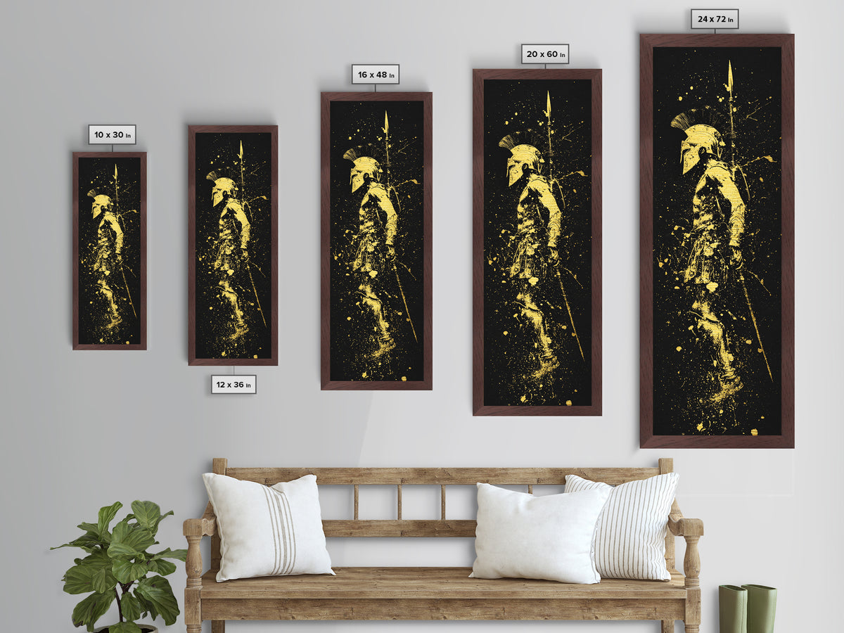 Greek Spartan Warrior With Spear, Metallic Gold Metal Print, Ancient Soldier Helmet Wall Art, Real Wood Frame Decor