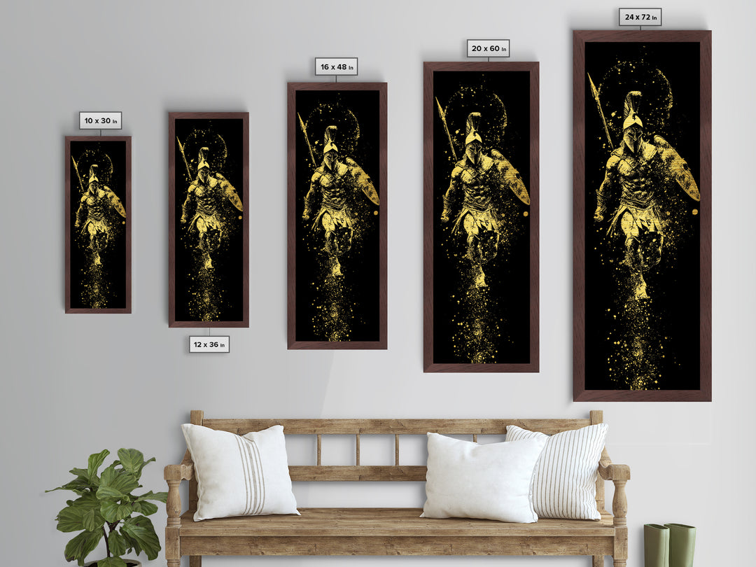 Spartan Warrior With Shield And Spear, Metallic Gold Metal Print, Ancient Greek Helmet Wall Art, Real Wood Frame Decor