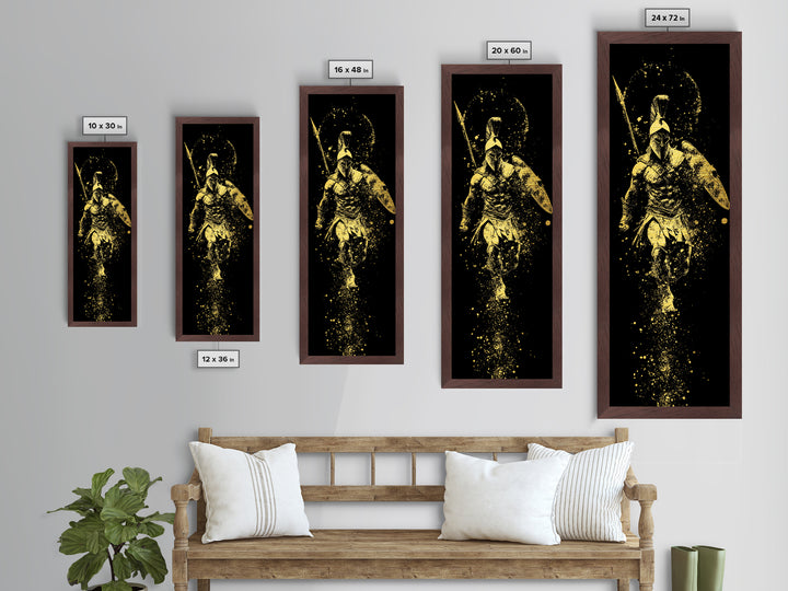 Spartan Warrior With Shield And Spear, Metallic Gold Metal Print, Ancient Greek Helmet Wall Art, Real Wood Frame Decor