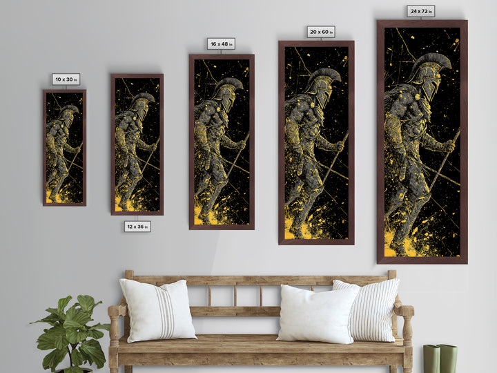 Ancient Greek Spartan Fighter, Metallic Gold Metal Print, Warrior Helmet Spear Wall Art, Real Wood Frame Decor