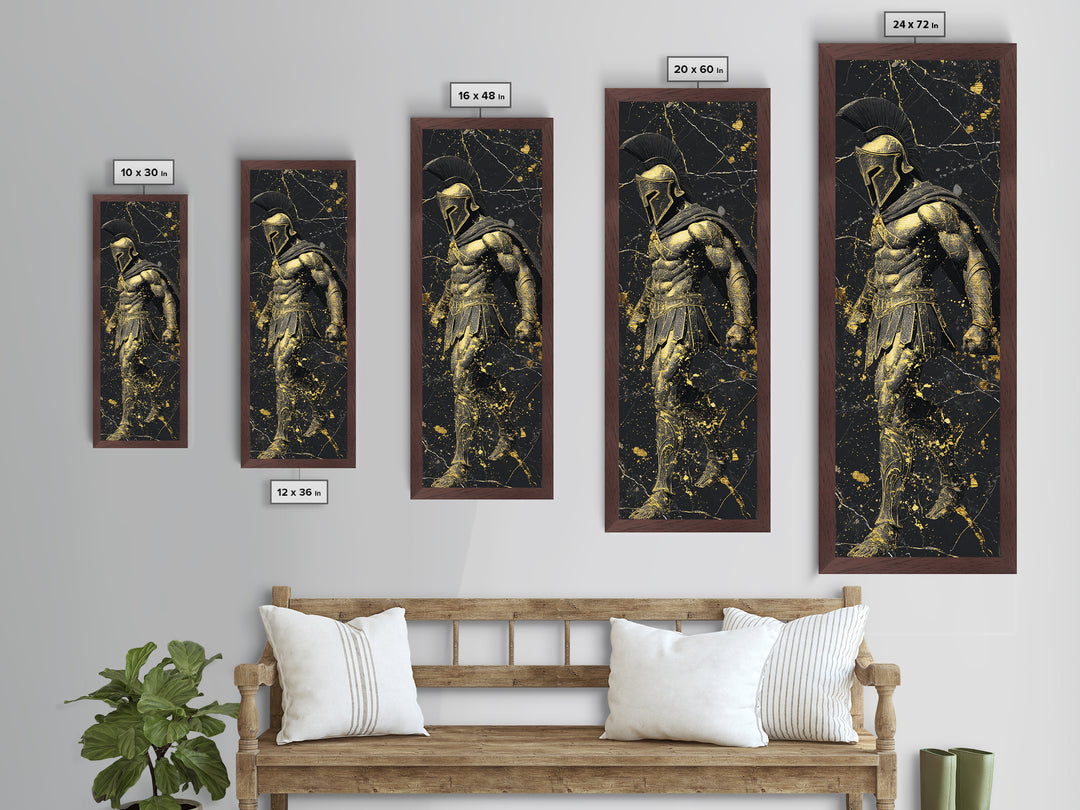 Spartan Warrior In Detailed Armor, Metallic Gold Metal Print, Ancient Greek Soldier Wall Art, Real Wood Frame Decor
