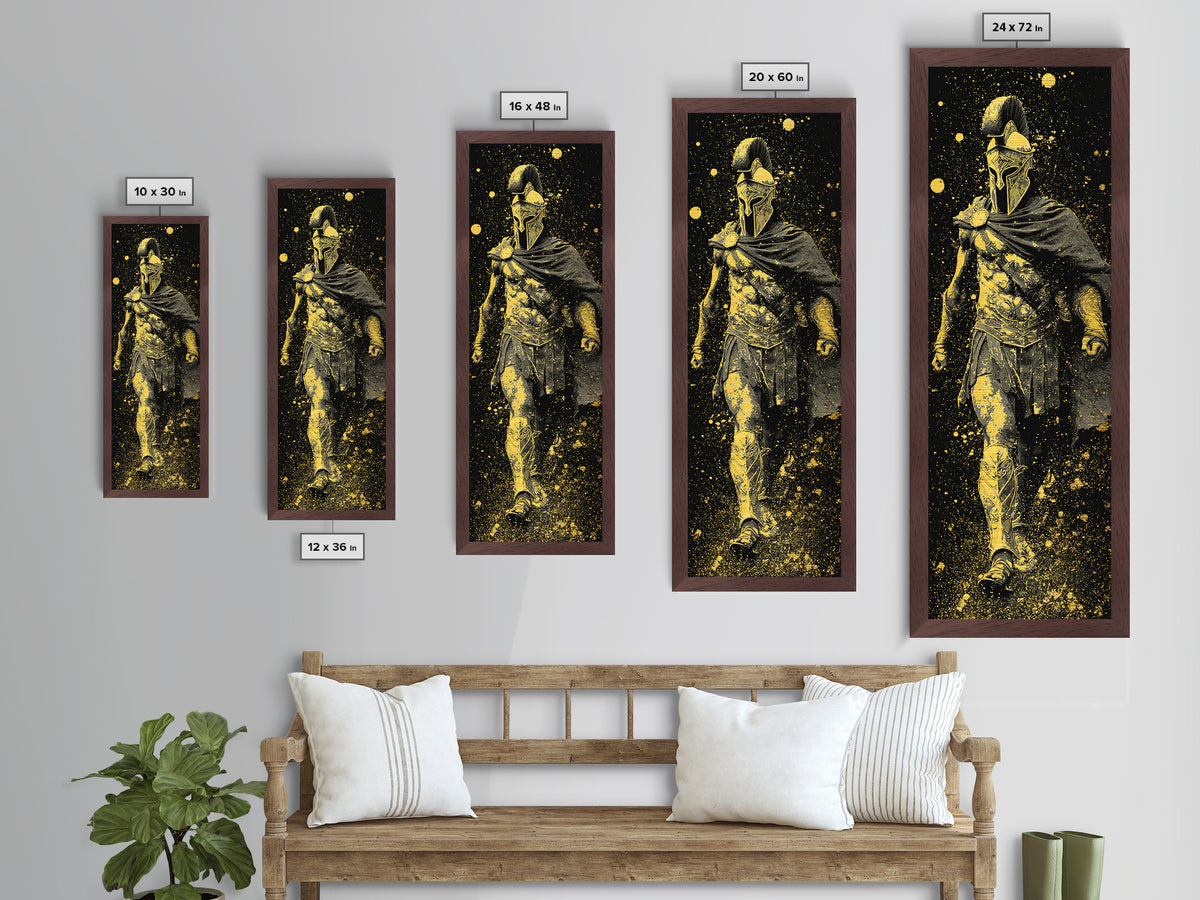 Greek Spartan Warrior In Cloak, Metallic Gold Metal Print, Ancient Helmet Warrior Wall Art, Real Wood Frame Home Decor