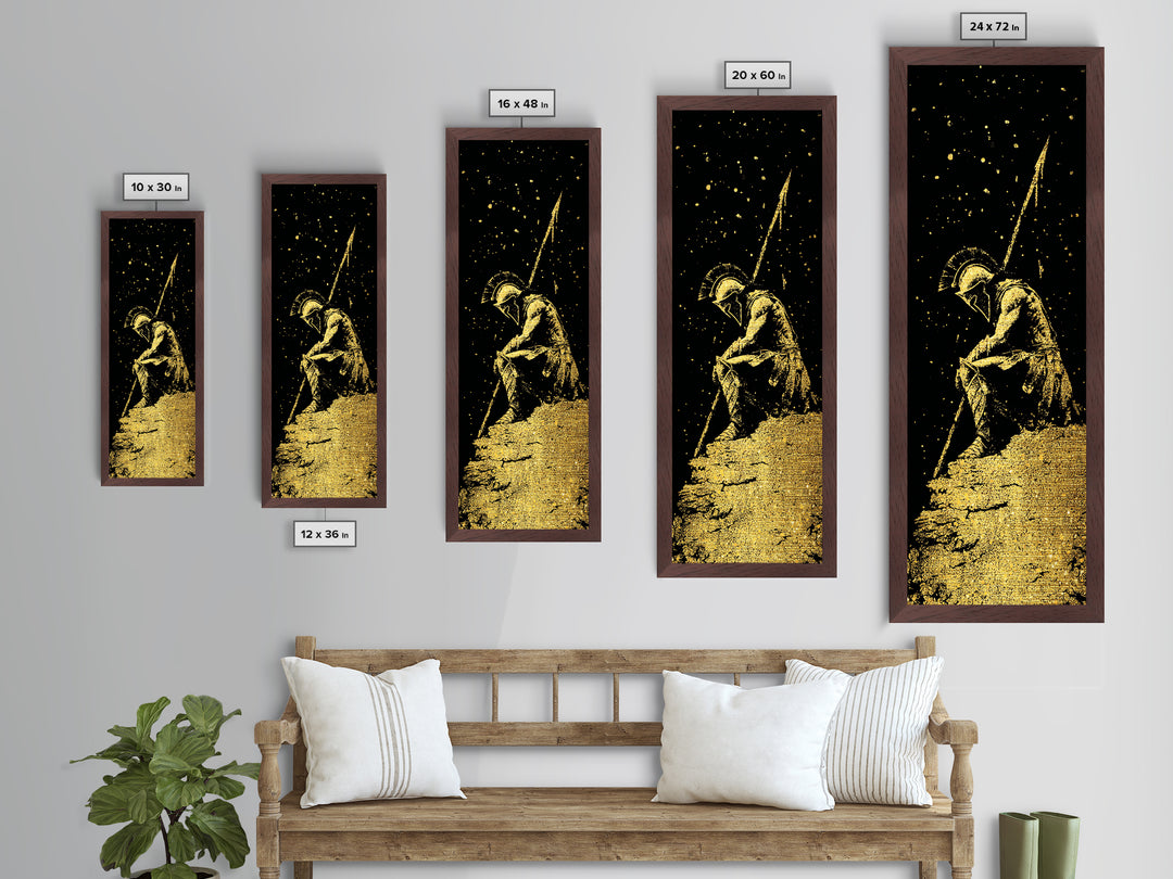 Spartan Warrior Kneeling With Spear, Metallic Gold Metal Print, Ancient Greek Soldier Wall Art, Real Wood Frame Decor
