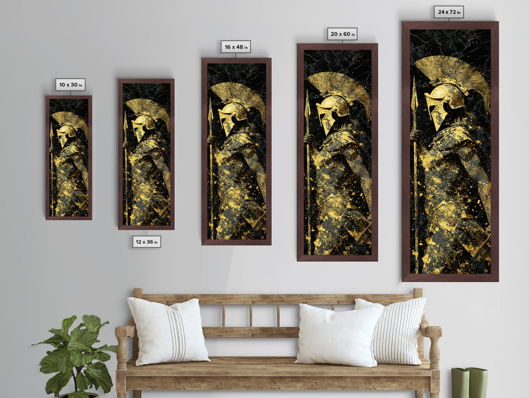 Greek Spartan Warrior Holding Spear, Metallic Gold Metal Print, Ancient Helmet Warrior Wall Art, Real Wood Frame Decor