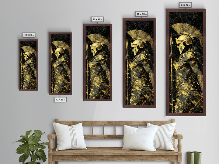 Greek Spartan Warrior Holding Spear, Metallic Gold Metal Print, Ancient Helmet Warrior Wall Art, Real Wood Frame Decor