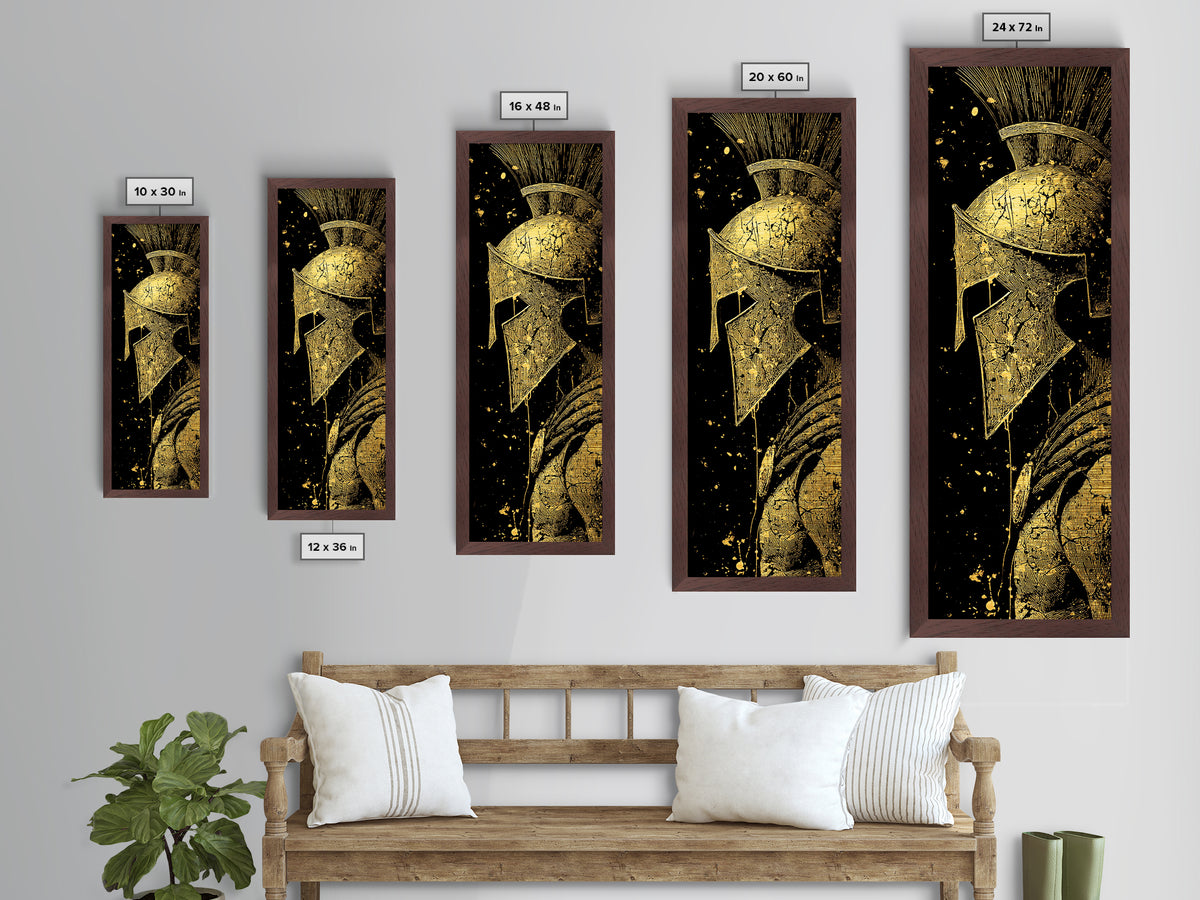 Spartan Helmet Close Up Artwork, Metallic Gold Metal Print, Ancient Greek Warrior Wall Art, Real Wood Frame Decor