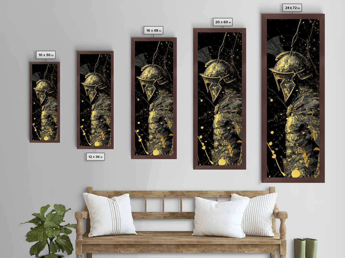 Greek Spartan Warrior In Splatter Style, Metallic Gold Metal Print, Ancient Warrior Helmet Wall Art, Real Wood Frame Decor