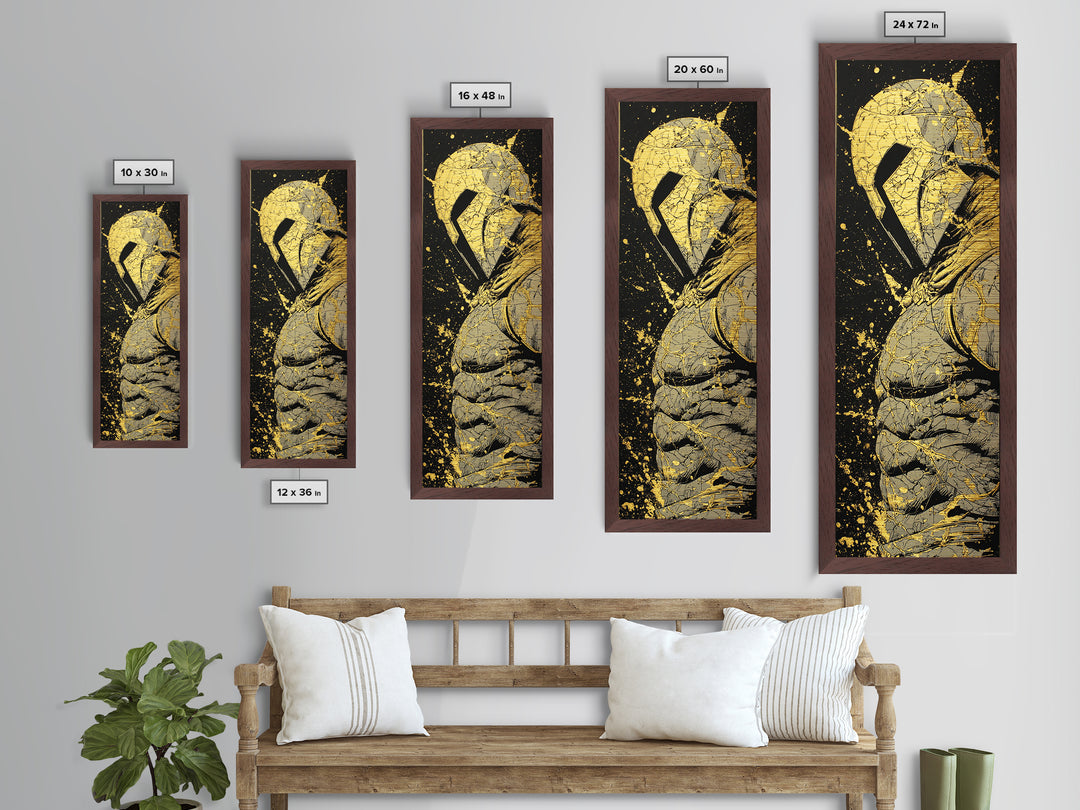 Ancient Spartan Helmet Detailed Artwork, Metallic Gold Metal Print, Greek Warrior Wall Art, Real Wood Frame Decor