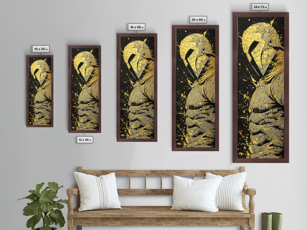 Ancient Spartan Helmet Detailed Artwork, Metallic Gold Metal Print, Greek Warrior Wall Art, Real Wood Frame Decor