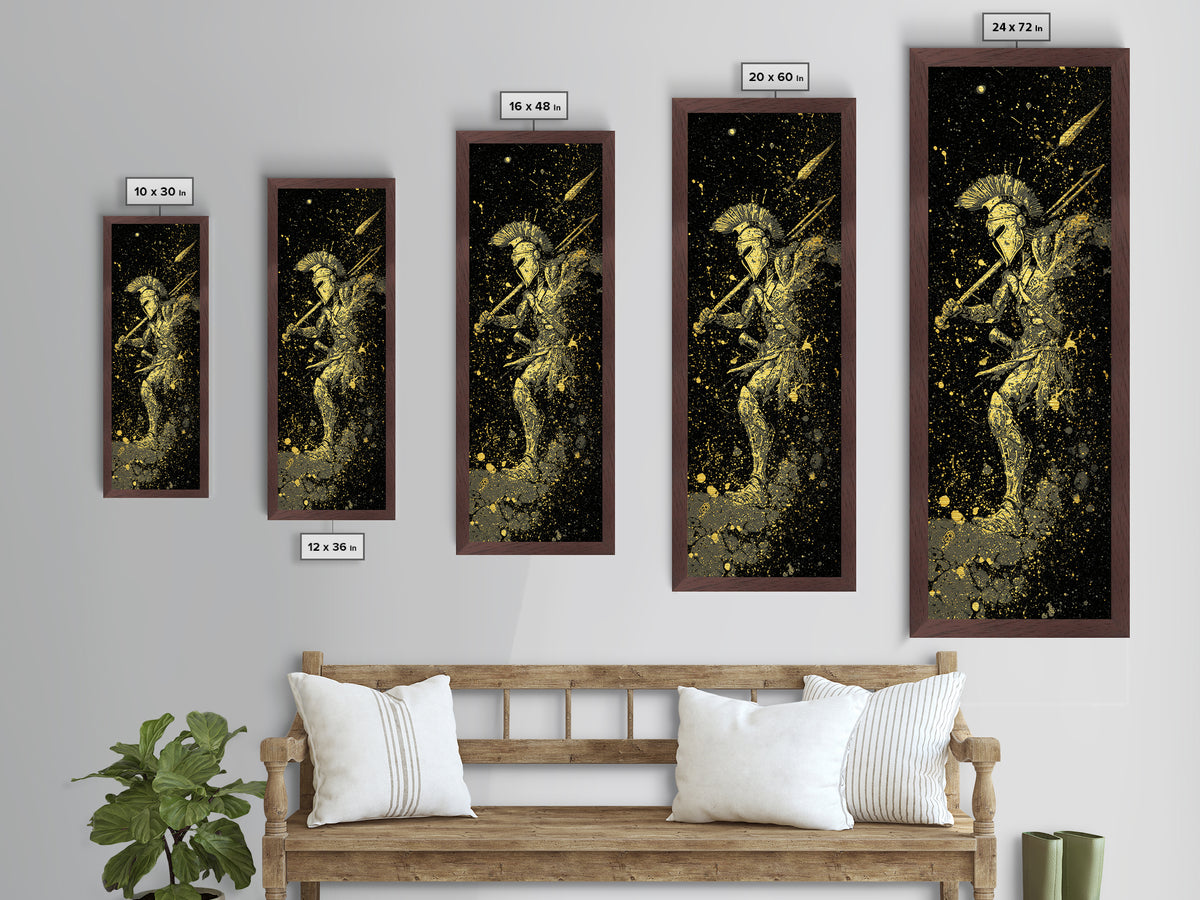Ancient Spartan In Battle, Metallic Gold Art, Warrior With Spear Wall Print, Real Wood Frame Decor, Greek Mythology Artwork
