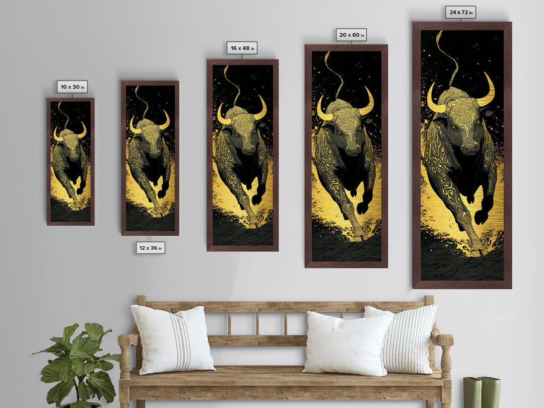Charging Bull - Metallic Gold Wall Art - Wood Framed Metal Art, Taurus Wall Art, Golden Runic Bull Painting Print, Metal Art