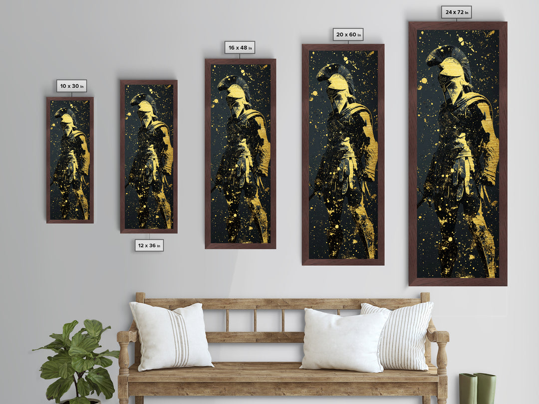 Greek Hoplite Metallic Gold Art, Ancient Spartan Warrior Print, Real Wood Frame, Mythology Inspired Wall Decor For Living Room