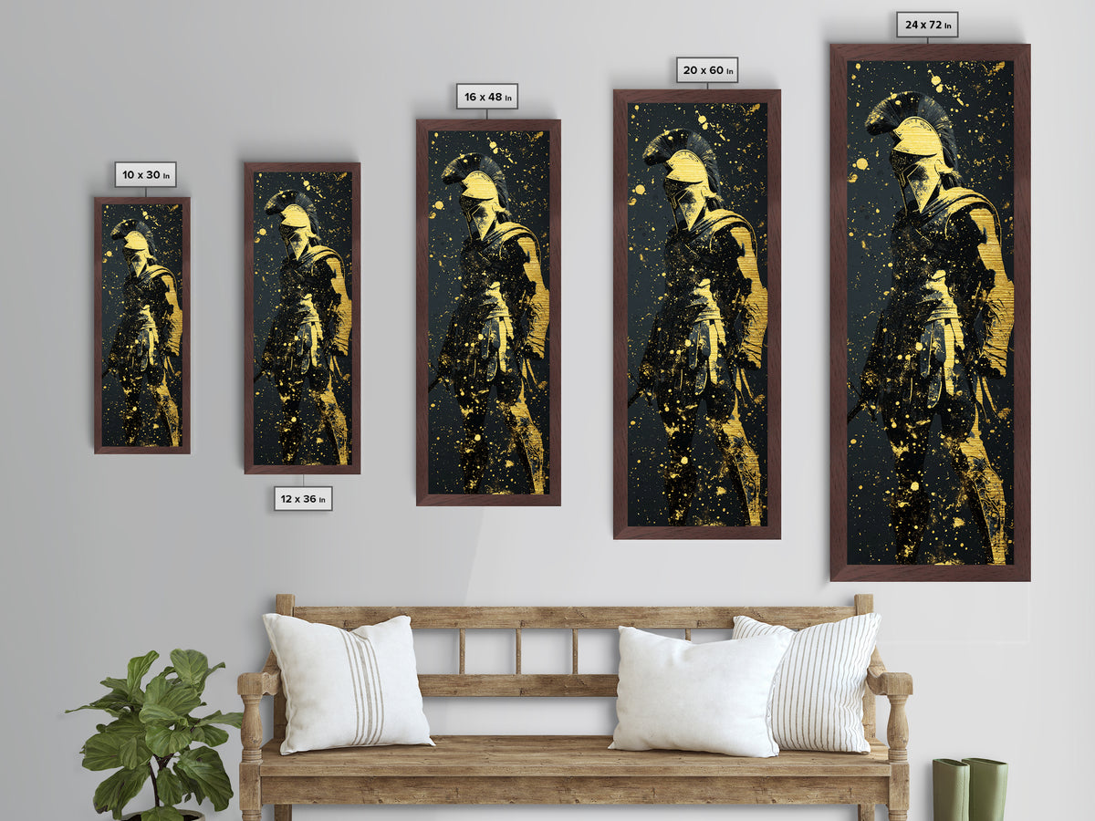 Greek Hoplite Metallic Gold Art, Ancient Spartan Warrior Print, Real Wood Frame, Mythology Inspired Wall Decor For Living Room