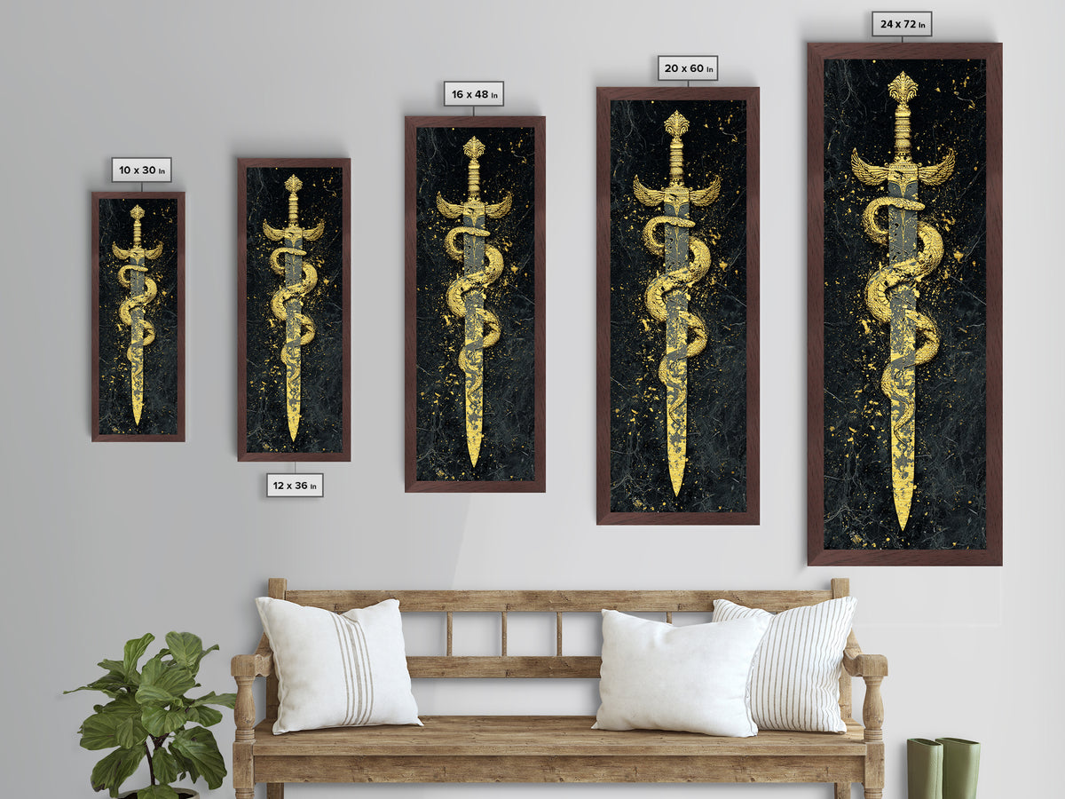 Metallic Gold Metal Print, Sword And Serpent Wall Art, Mythical Weapon Artwork, Real Wood Frame Decor