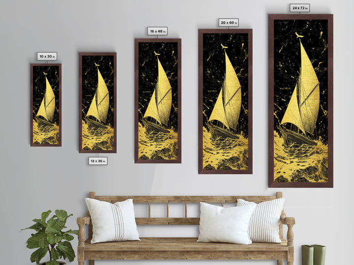 Golden Sailboat Nautical Wall Art, Metallic Gold Painting Print, Wood Framed Wall Art, Sail Boat Painting Print, Metallic Gold Painting