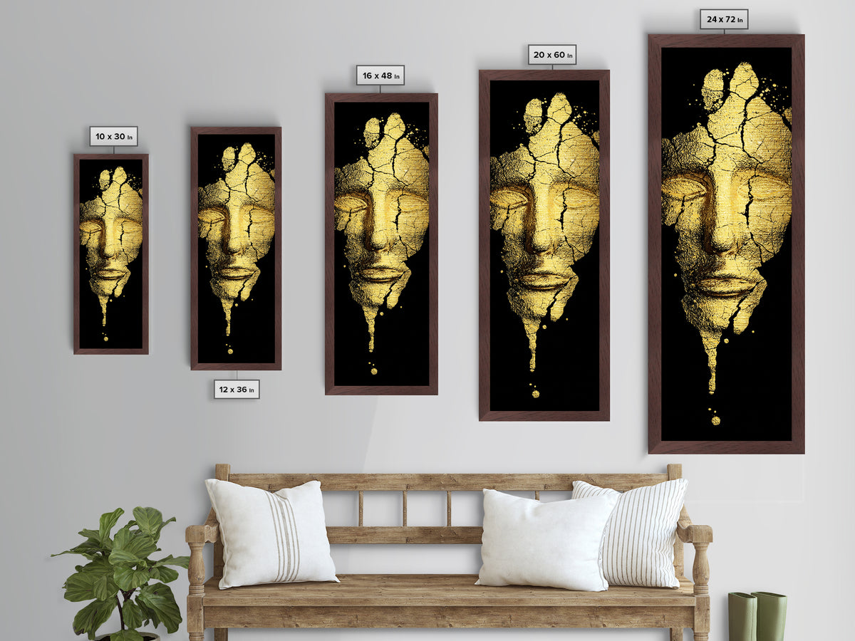 Metallic Gold Metal Print, Cracked Golden Mask Wall Art, Mythical Face Artwork, Real Wood Frame Decor