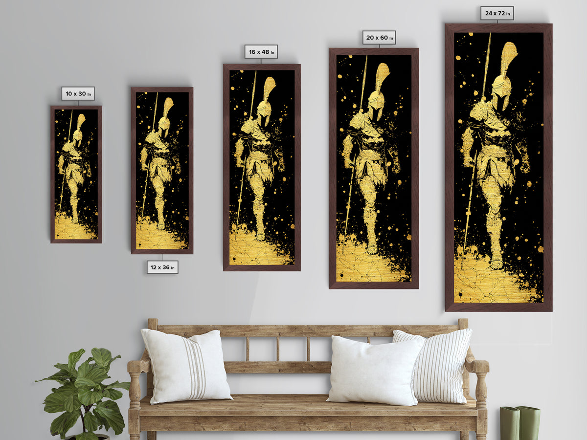 Metallic Gold Art, Greek Warrior Spear Print, Spartan Armor Wall Decor, Real Wood Frame Home Artwork