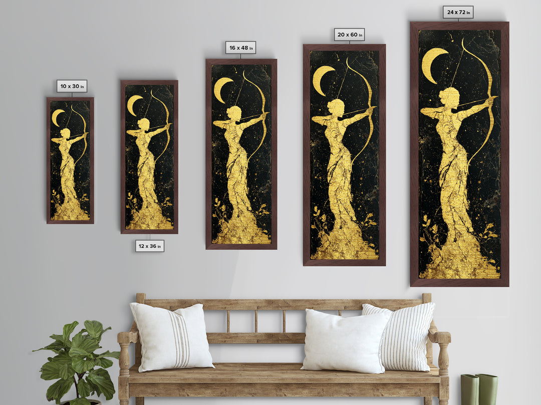 Metallic Gold Art, Artemis Moon Goddess Print, Bow And Arrow Wall Decor, Real Wood Frame Greek Artwork
