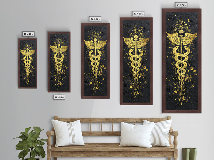 Metallic Gold Metal Print, Caduceus Serpent Staff Wall Art, Hermes Symbol Decor, Real Wood Frame Artwork