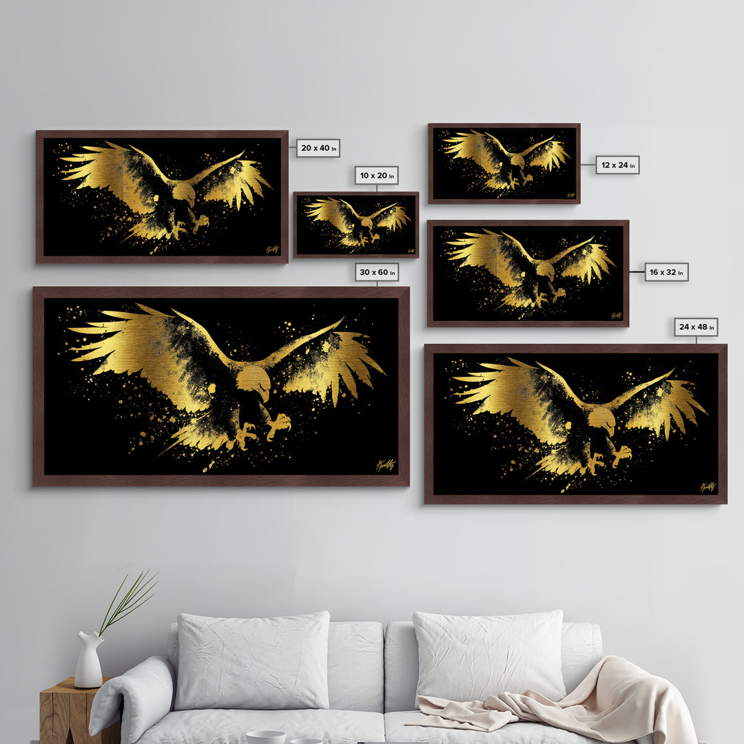 Eagle With Outstretched Wings, Metallic Gold Metal Print, Real Wood Frame, Splatter Art, Majestic Bird Wall Decor