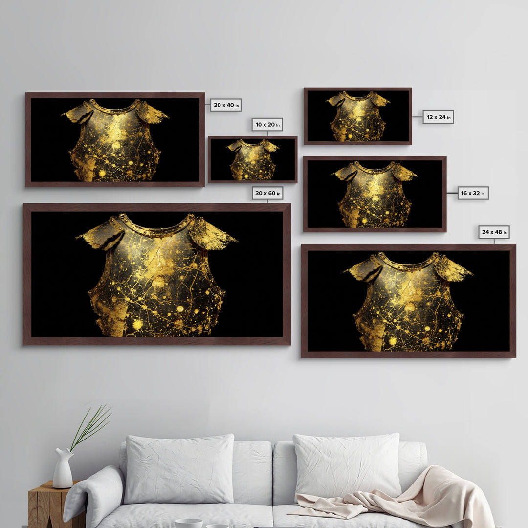 Golden Armor Breastplate, Metallic Gold Metal Print, Real Wood Frame, Medieval Warrior Decor, Historical Art Print