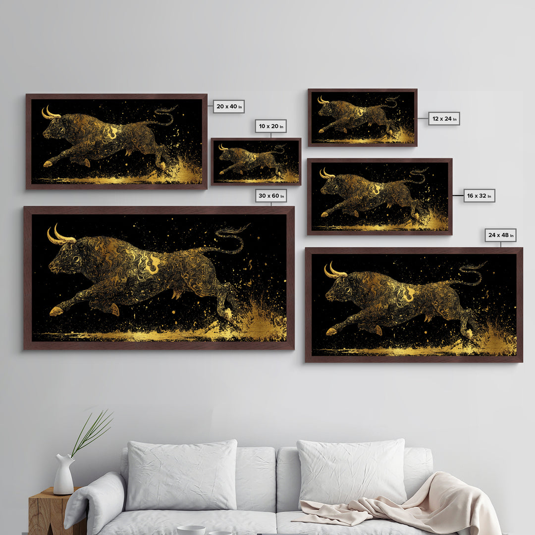 Golden Bull In Motion, Metallic Gold Art, Real Wood Frame, Dynamic Animal Wall Decor, Mythology Inspired Artwork