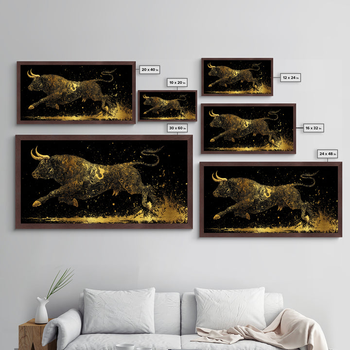 Golden Bull In Motion, Metallic Gold Art, Real Wood Frame, Dynamic Animal Wall Decor, Mythology Inspired Artwork