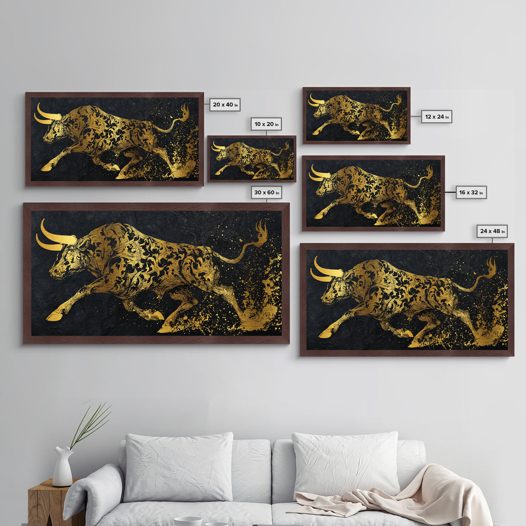 Ornate Golden Bull, Metallic Gold Metal Print, Real Wood Frame, Decorative Animal Artwork, Powerful Bull Illustration