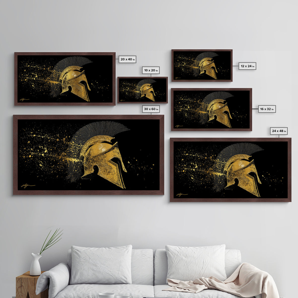 Golden Spartan Helmet, Metallic Gold Art, Real Wood Frame, Splatter Style Warrior Armor, Mythology Inspired Artwork