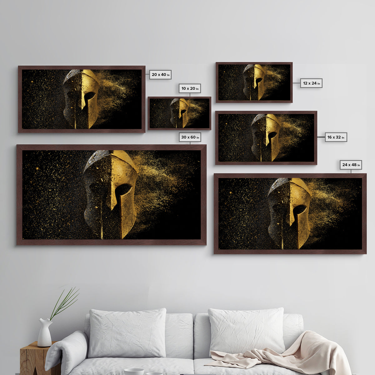 Half Gold Spartan Helmet, Metallic Gold Metal Print, Real Wood Frame, Splatter Style Warrior Armor, Ancient Battle Artwork