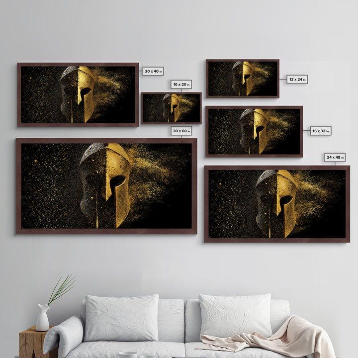 Half Gold Spartan Helmet, Metallic Gold Metal Print, Real Wood Frame, Splatter Style Warrior Armor, Ancient Battle Artwork