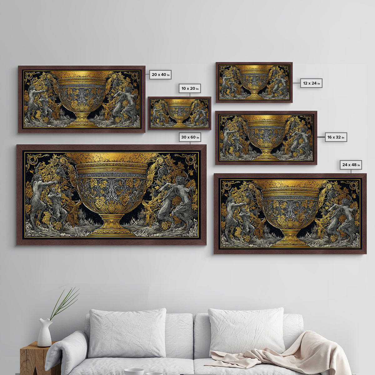 Golden Ornate Chalice, Metallic Gold Art, Real Wood Frame, Mythology Inspired Wall Decor, Classical Celebration Scene