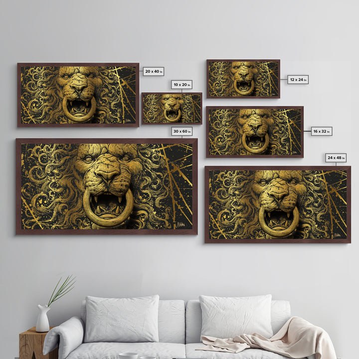 Golden Lion Door Knocker Close Up, Metallic Gold Art, Real Wood Frame, Splatter Style Animal Decor, Regal Lion Artwork
