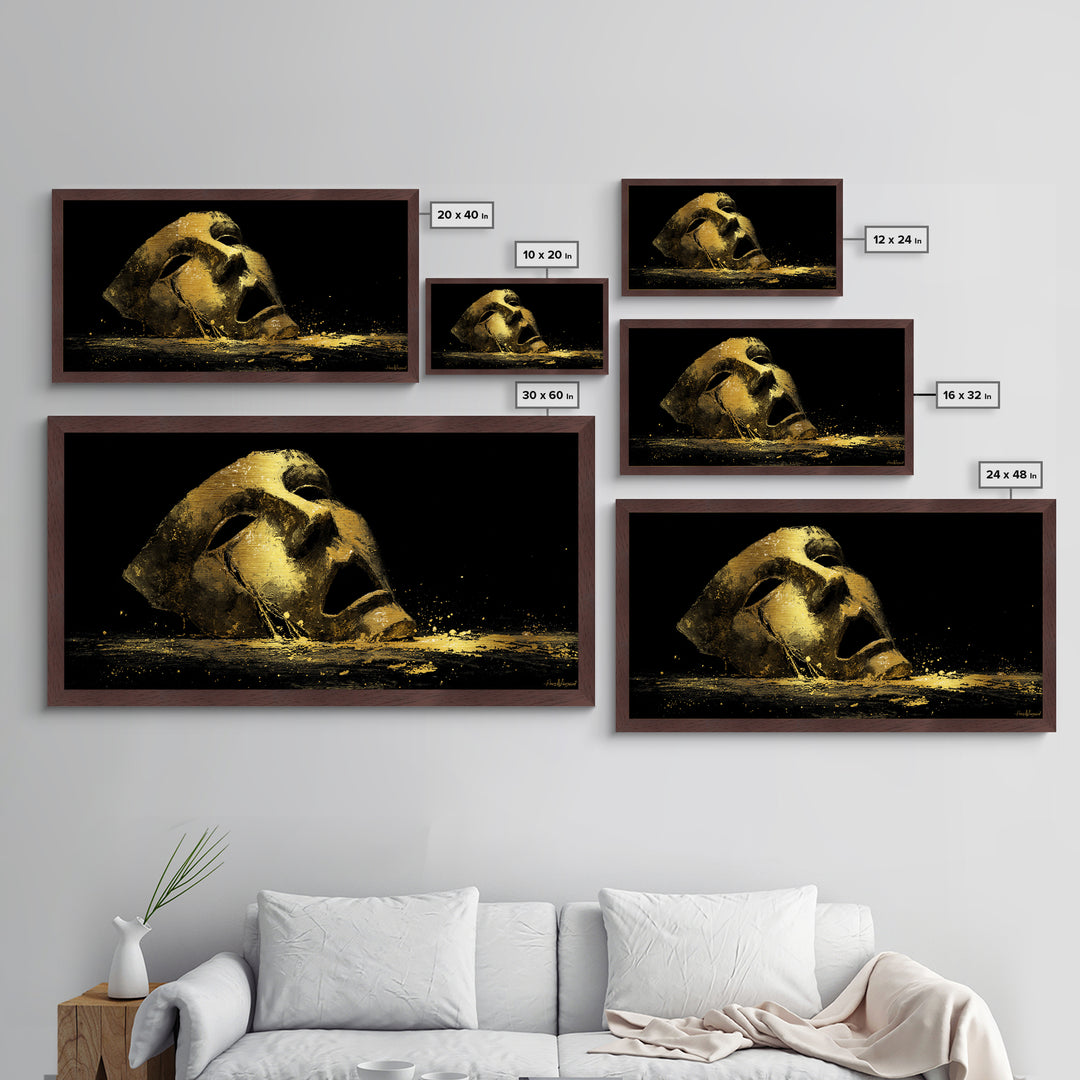 Golden Theatrical Mask, Metallic Gold Metal Print, Real Wood Frame, Dramatic Abstract Artwork, Expressive Wall Art