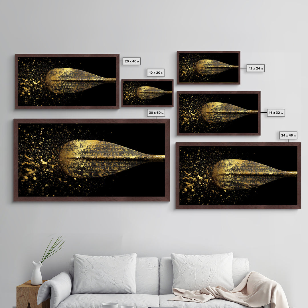 Ancient Golden Spear Tip, Metallic Gold Art, Real Wood Frame, Splatter Style Weapon Artwork, Mythology Inspired Decor