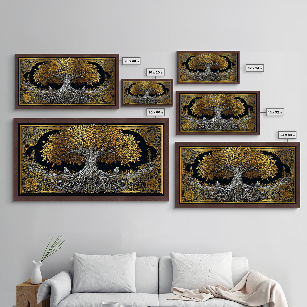 Metallic Gold Ancient Tree Design with Owls, Ornate Border, Wood Framed Map Wall Art for Classic and Nature-Inspired Spaces