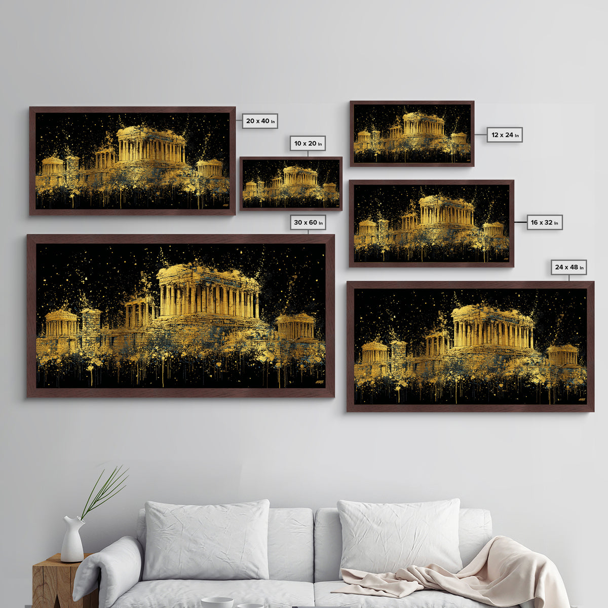 Metallic Gold Parthenon Greece Architecture Print, Splatter Art Style, Wood Framed Map Wall Art for Travel and History Fans