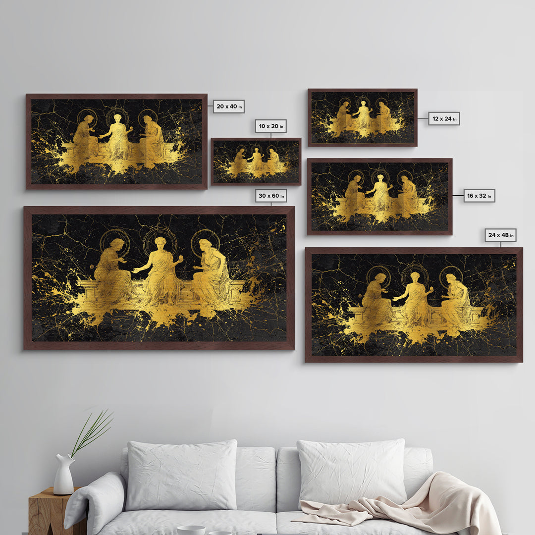 Metallic Gold Greek Goddesses Seated in Elegant Marble Scene, Wood Framed Map Wall Décor for Classical Art and Mythology Lovers