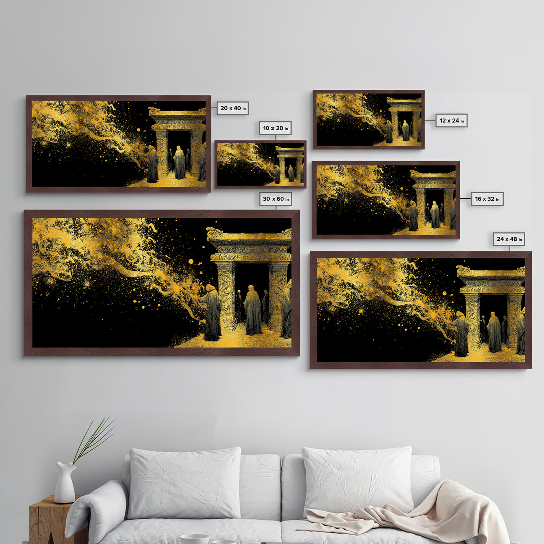 Metallic Gold Ancient Gate Scene, Robed Figures and Ornate Carvings, Wood Framed Map Wall Art for Mystery and Fantasy Lovers