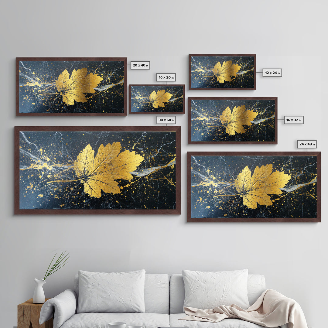Golden Maple Leaf On Black, Metallic Gold Art, Real Wood Frame, Splatter Style, Nature Wall Decor, Leaf Print