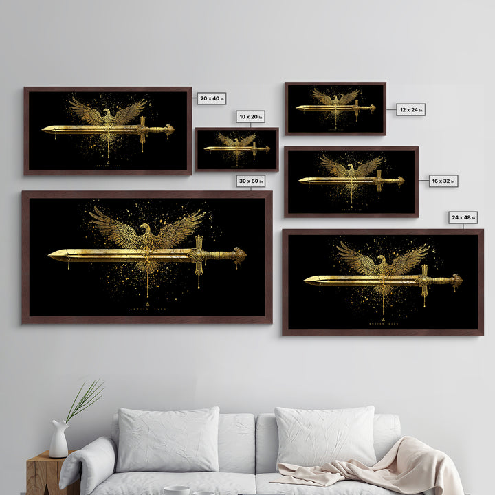 Metallic Gold Eagle and Sword Artwork, Splatter Effect Style, Wood Framed Map Wall Art for Power and Freedom Symbolism
