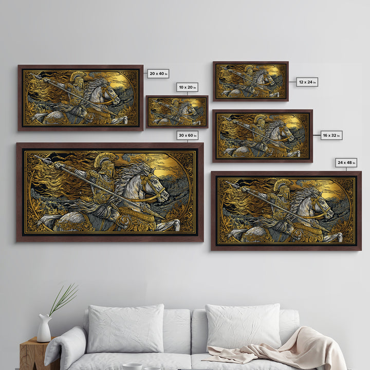 Metallic Gold Metal Print Spartan Warrior on Horseback, Flowing Mane and Spear, Wood Framed Map Wall Art, Ancient Battle,  History Lovers