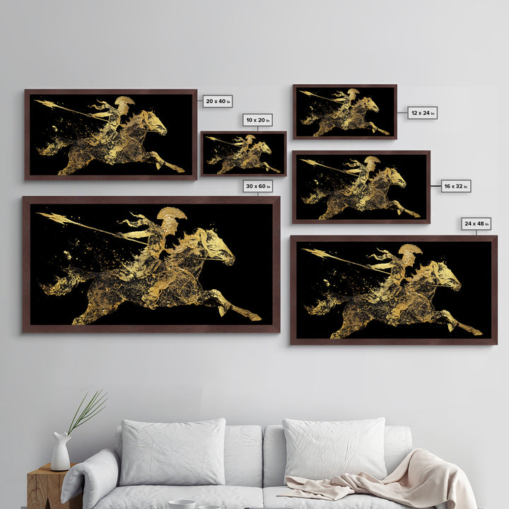 Metallic Gold Art Spartan Rider Silhouette, Splatter Effect Spear Charge, Wood Framed Map Wall Décor, Historical and Warrior-Themed Spaces