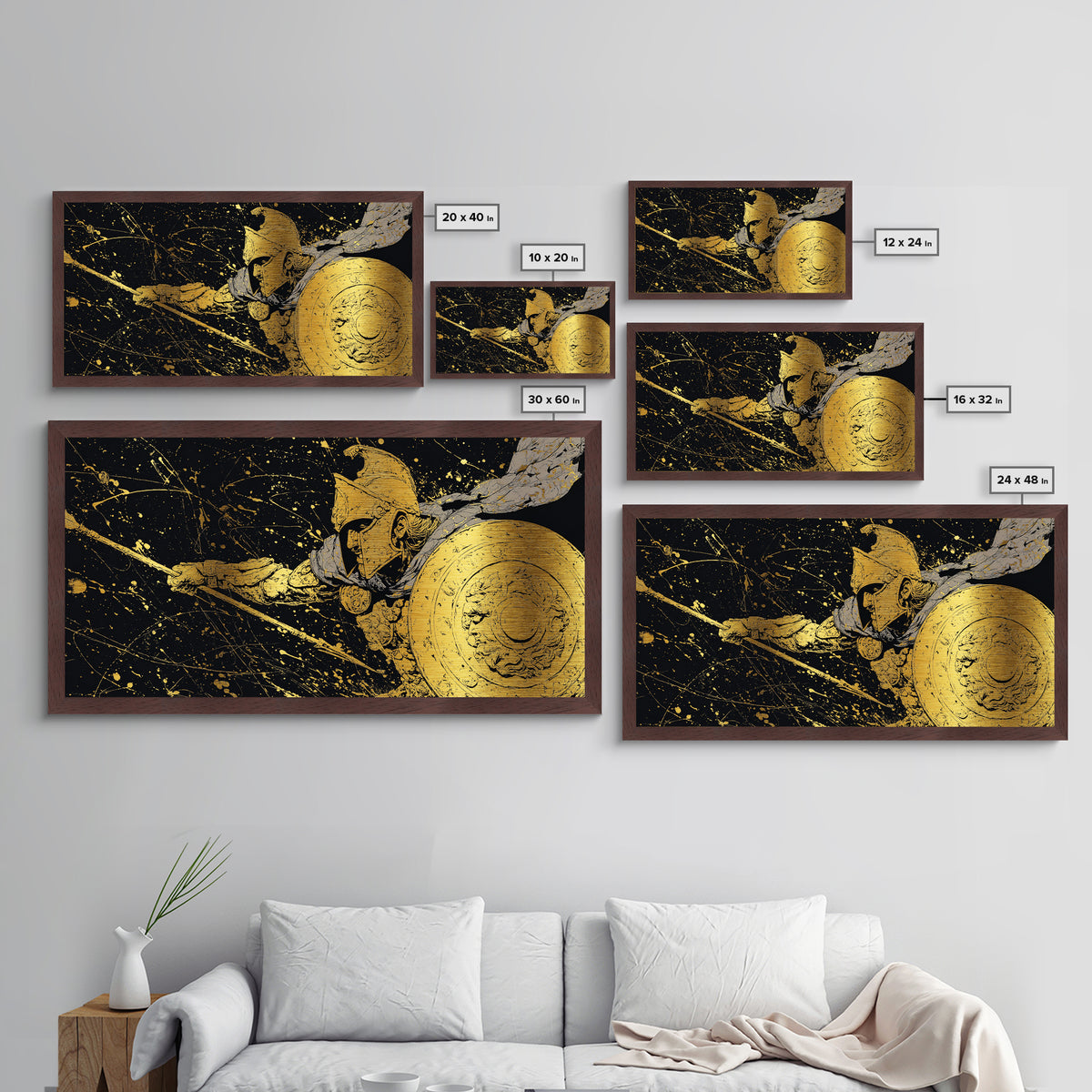 Metallic Gold Metal Print Spartan Soldier with Shield and Spear, Splatter Background, Wood Framed Map Wall Art for Ancient Greece Enthusiasts