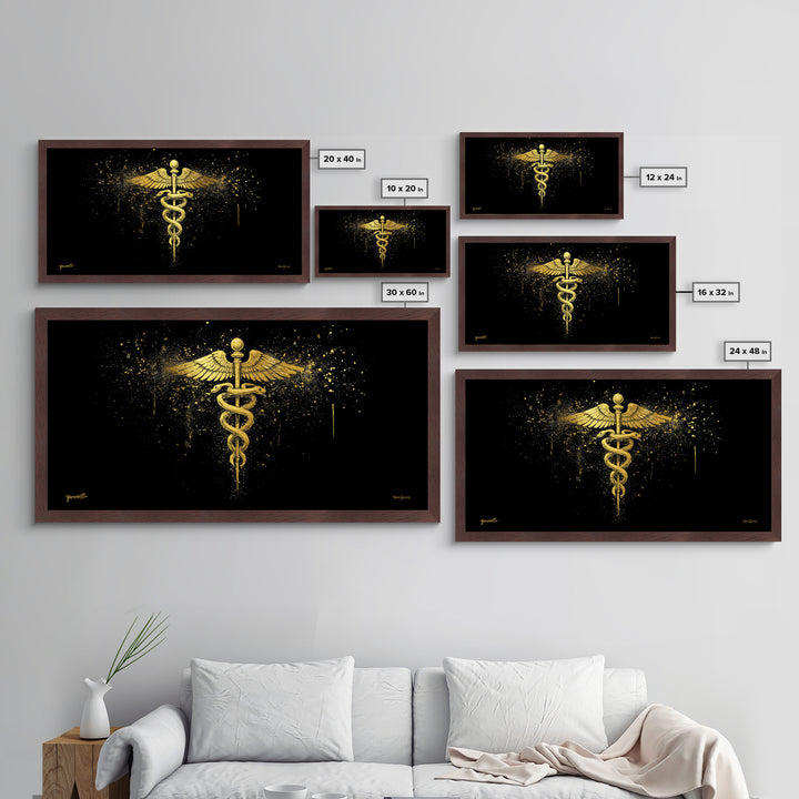 Metallic Gold Art Caduceus Medical Symbol, Splatter Background Art Style, Wood Framed Map Wall Décor for Healthcare, Classical Symbol Lovers