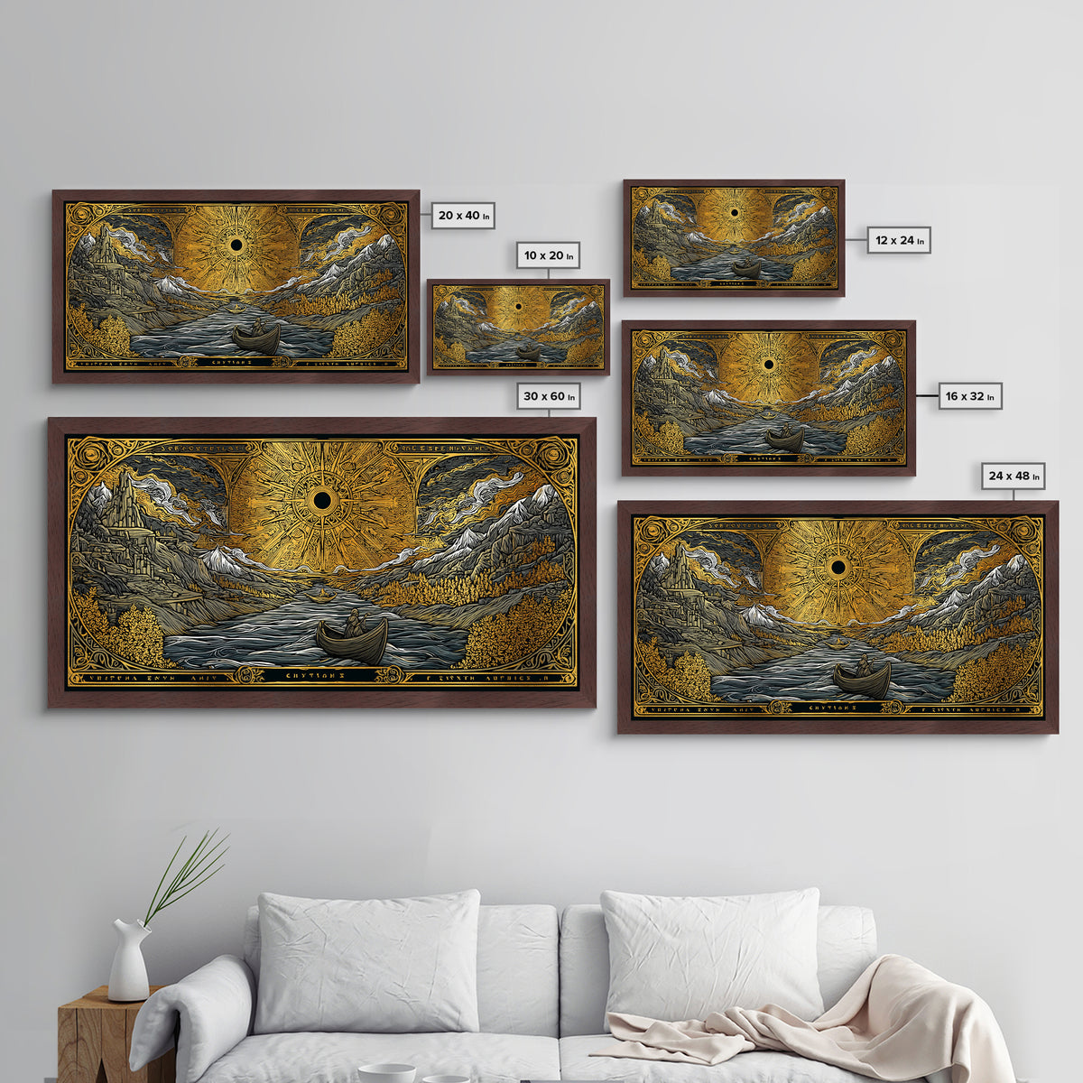 Metallic Gold Metal Print Solar Eclipse Over Mountain Valley, Rowboats and Figures, Wood Framed Map Wall Art for Fantasy and Celestial Lovers