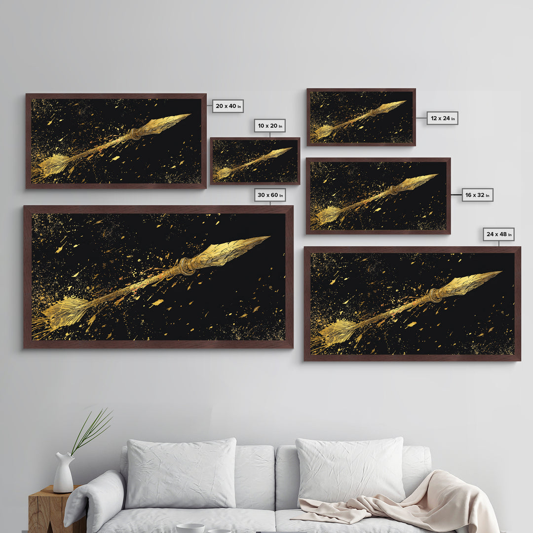 Golden Spear In Flight, Metallic Gold Metal Print, Real Wood Frame, Dynamic Weapon Art, Mythology Inspired Wall Decor