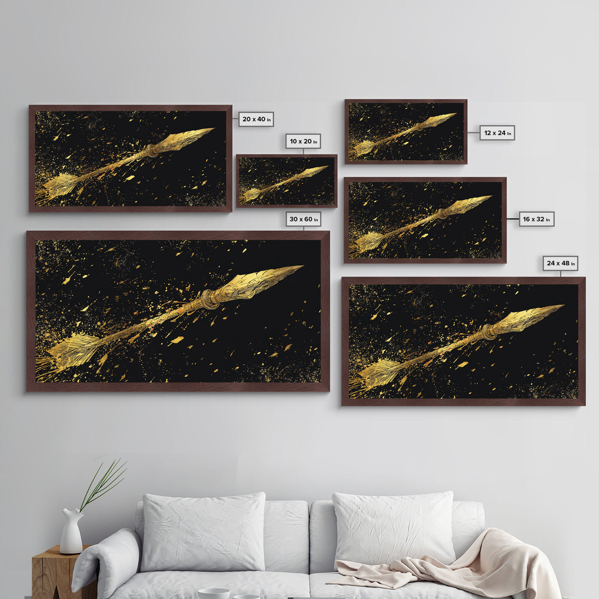 Golden Spear In Flight, Metallic Gold Metal Print, Real Wood Frame, Dynamic Weapon Art, Mythology Inspired Wall Decor