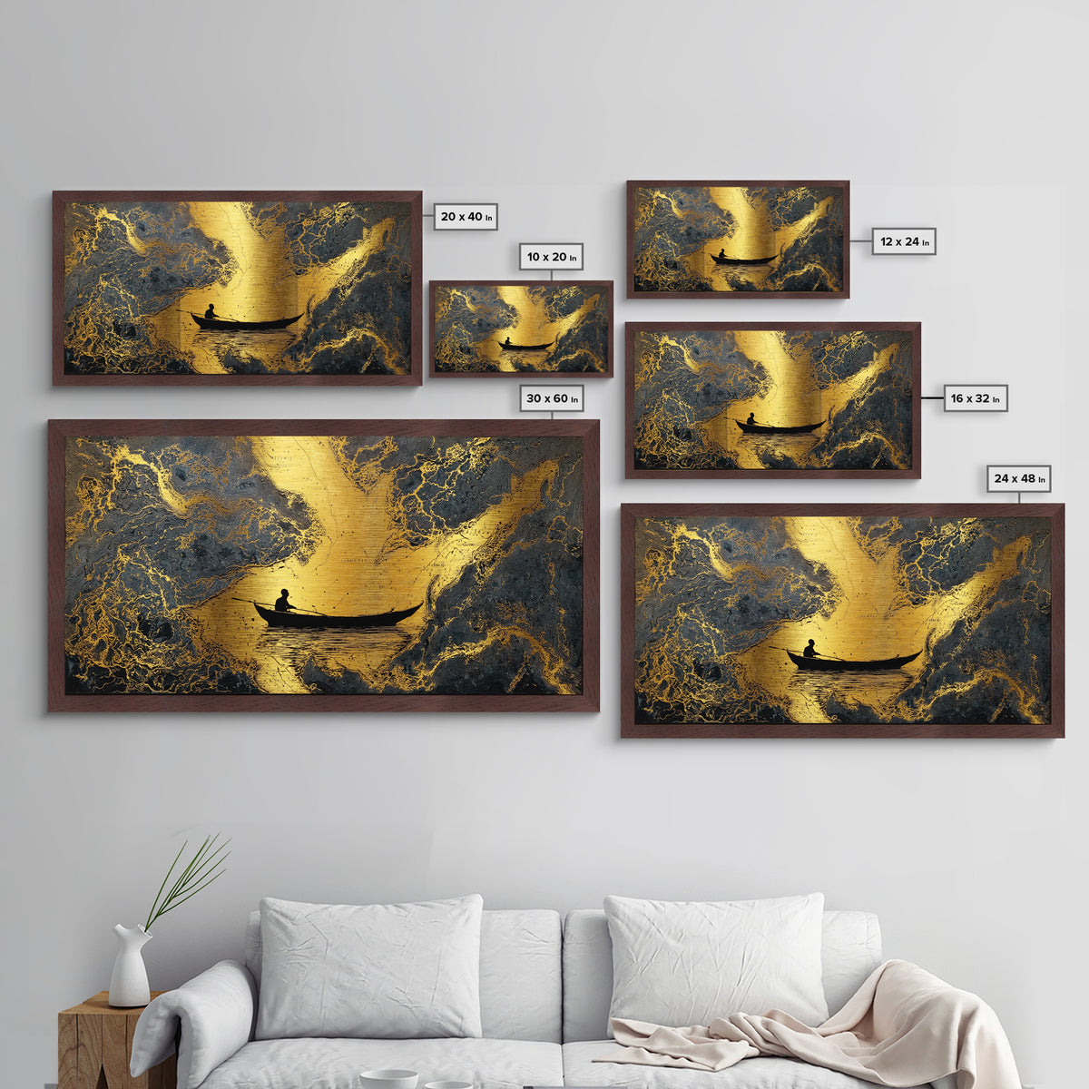 Metallic Gold Art Rowboat Silhouette Over Detailed Map Pattern, Reflective Water, Wood Framed Map Wall Décor, Nautical and Cartographic Fans